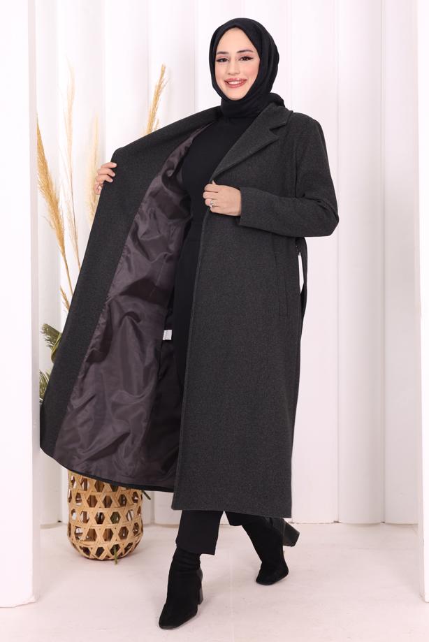 Tesettür giyim GRİ KUŞAKLI KABAN T 96007 - TRENDTESETTÜR
