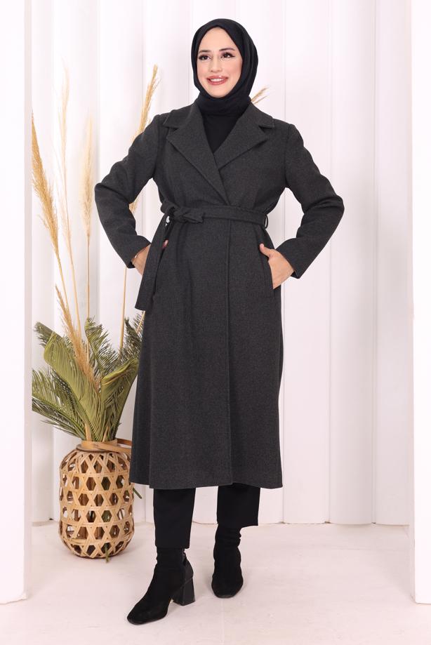 Tesettür giyim GRİ KUŞAKLI KABAN T 96007 - TRENDTESETTÜR