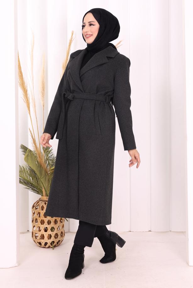 Tesettür giyim GRİ KUŞAKLI KABAN T 96007 - TRENDTESETTÜR