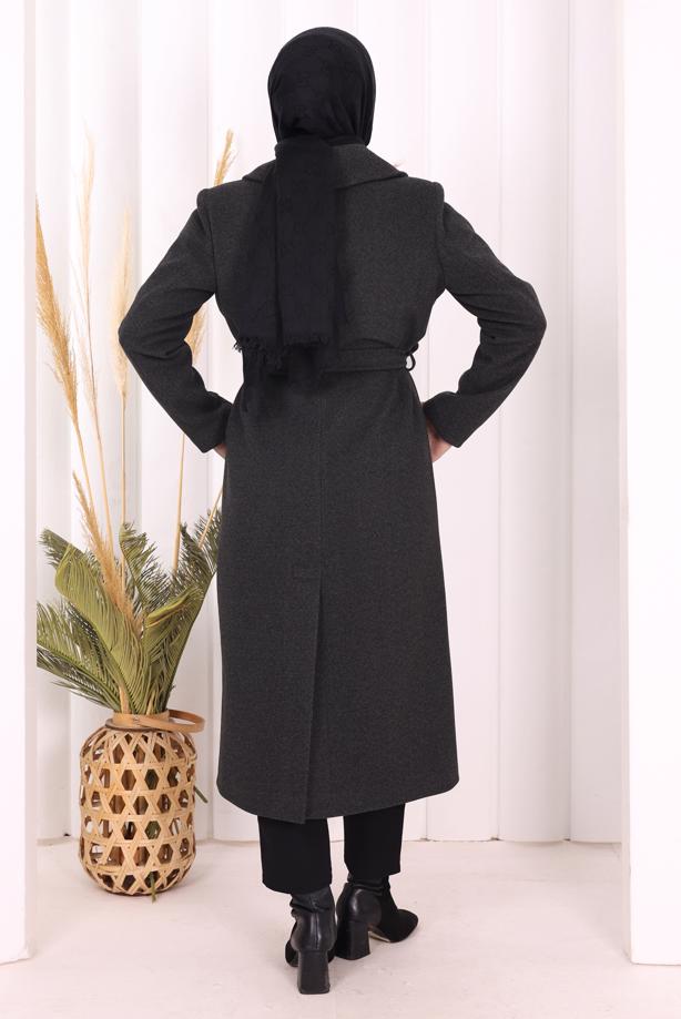 Tesettür giyim GRİ KUŞAKLI KABAN T 96007 - TRENDTESETTÜR