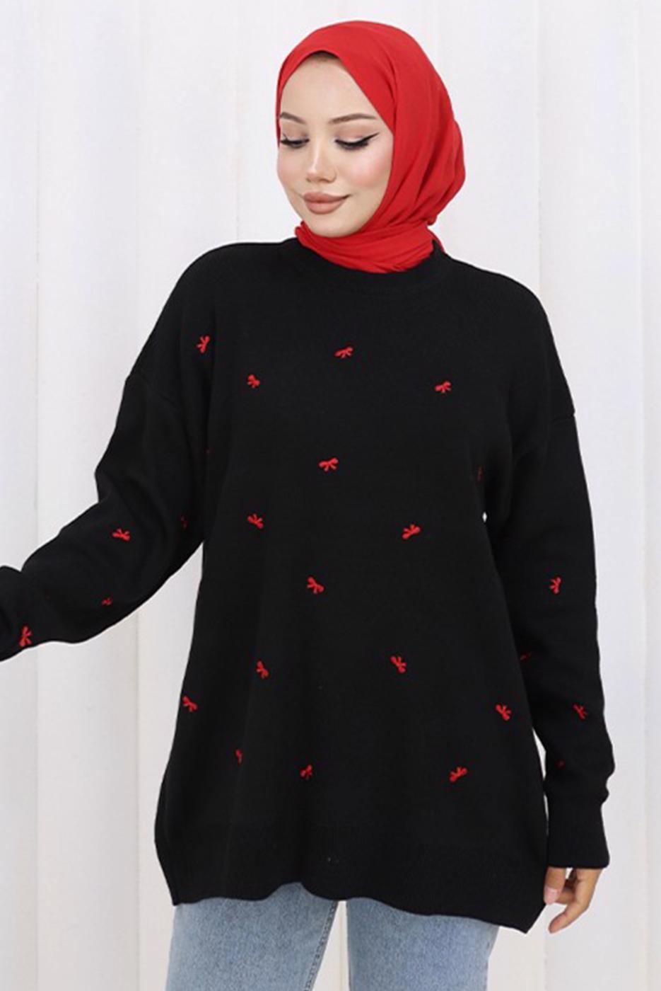 Tesettür giyim SİYAH FİYONK DESENLİ TRİKO KAZAK T 1523