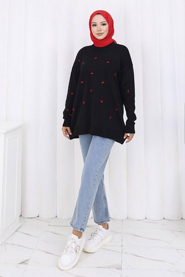 Tesettür giyim SİYAH FİYONK DESENLİ TRİKO KAZAK T 1523 - TRENDTESETTÜR