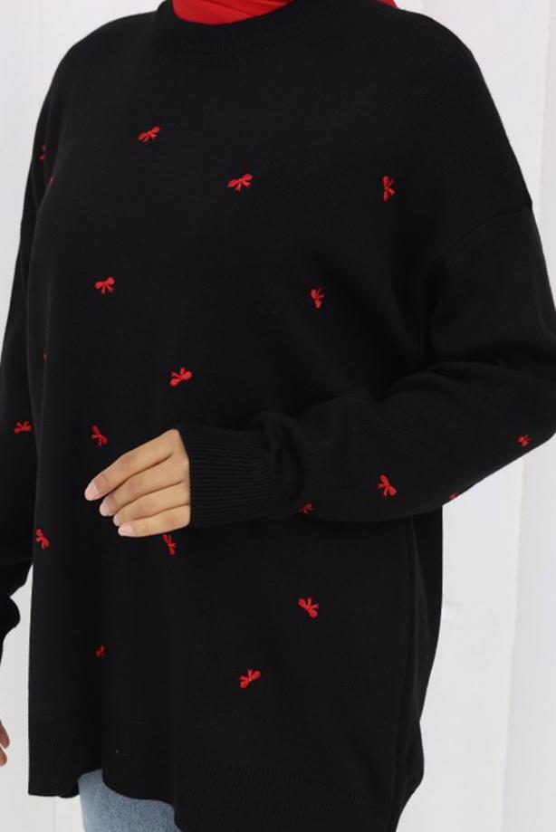 Tesettür giyim SİYAH FİYONK DESENLİ TRİKO KAZAK T 1523 - TRENDTESETTÜR