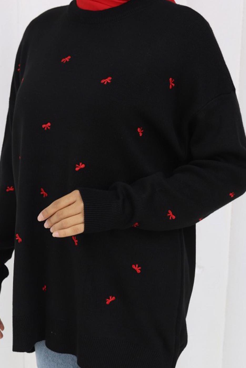 Tesettür giyim SİYAH FİYONK DESENLİ TRİKO KAZAK T 1523