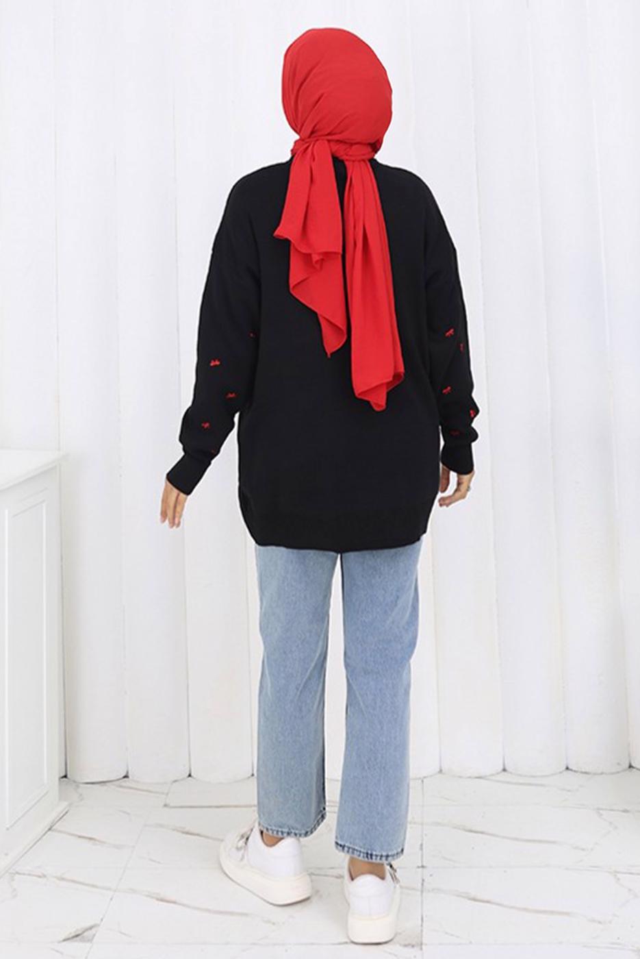 Tesettür giyim SİYAH FİYONK DESENLİ TRİKO KAZAK T 1523