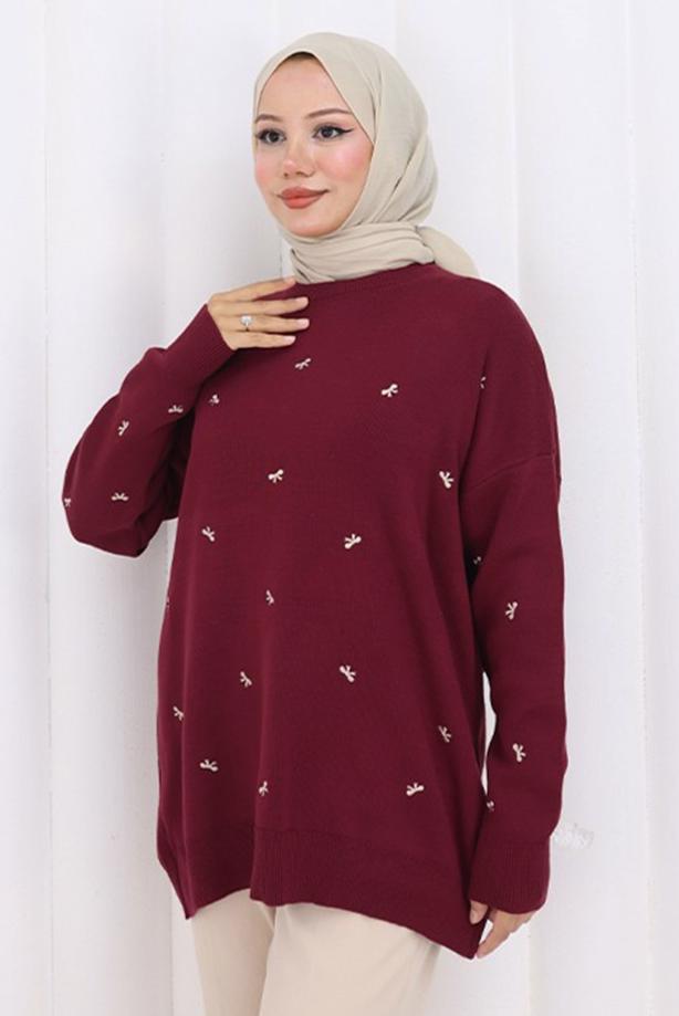 Tesettür giyim BORDO FİYONK DESENLİ TRİKO KAZAK T 1523 - TRENDTESETTÜR