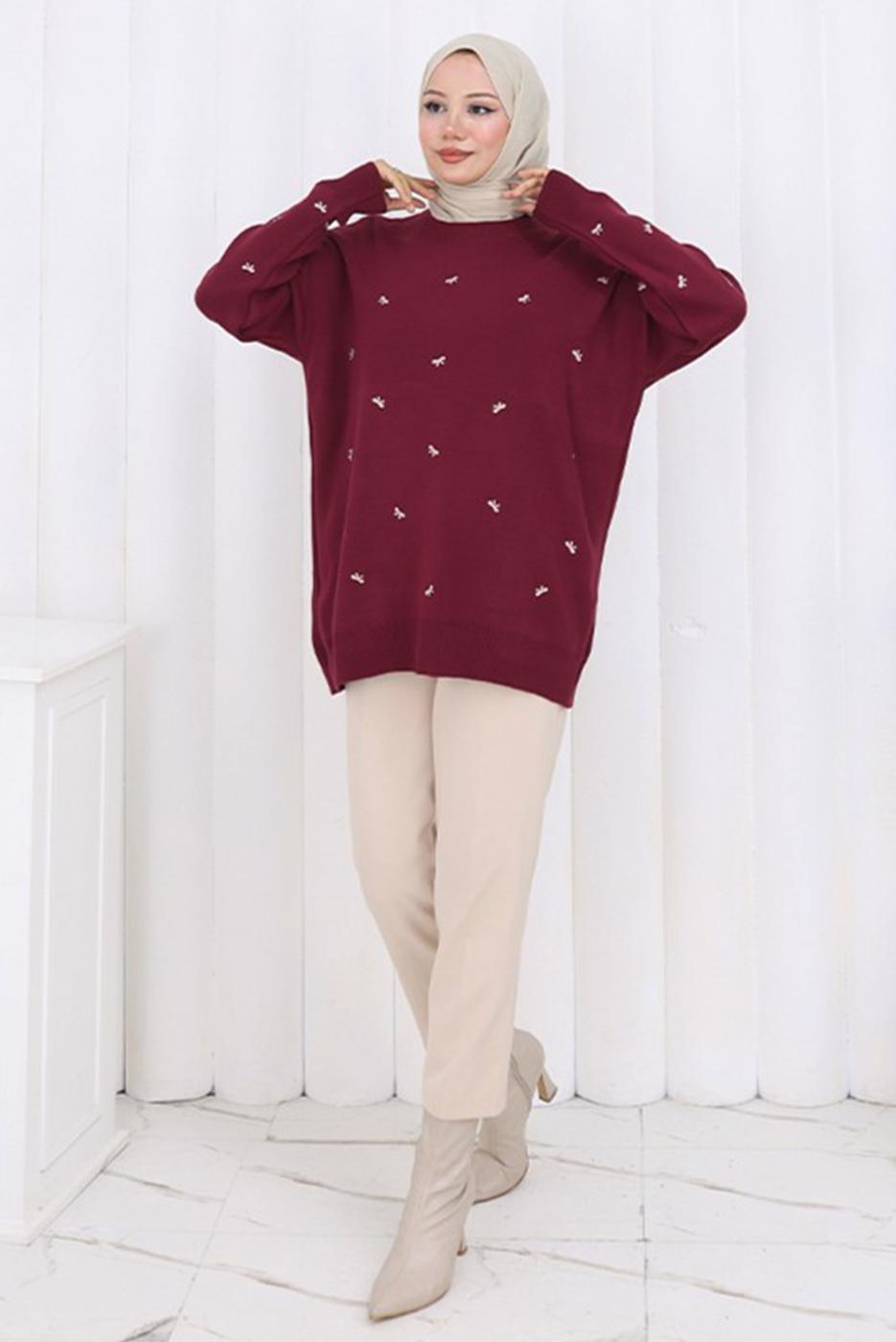 Tesettür giyim BORDO FİYONK DESENLİ TRİKO KAZAK T 1523