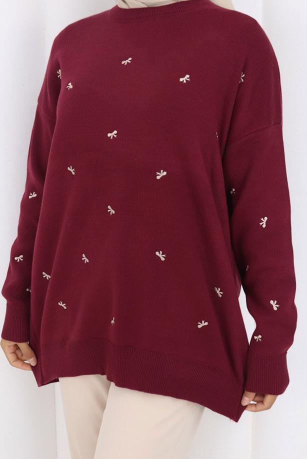 Tesettür giyim BORDO FİYONK DESENLİ TRİKO KAZAK T 1523 - TRENDTESETTÜR