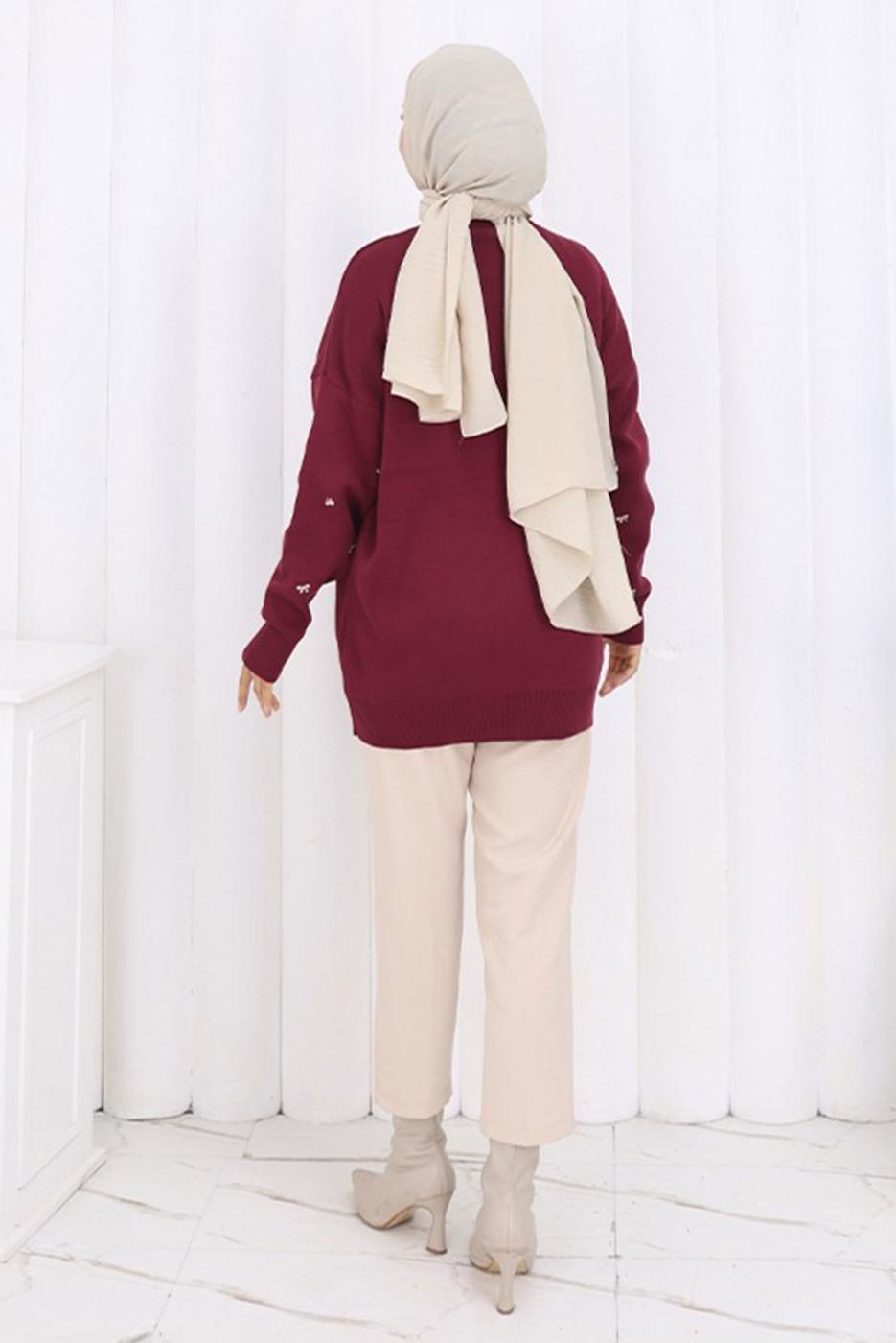 Tesettür giyim BORDO FİYONK DESENLİ TRİKO KAZAK T 1523