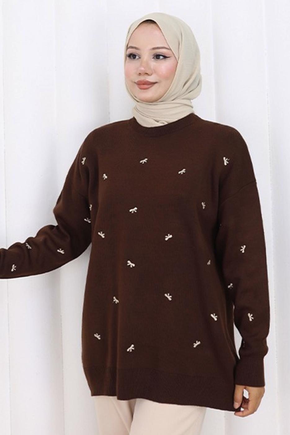 Tesettür giyim KAHVE FİYONK DESENLİ TRİKO KAZAK T 1523