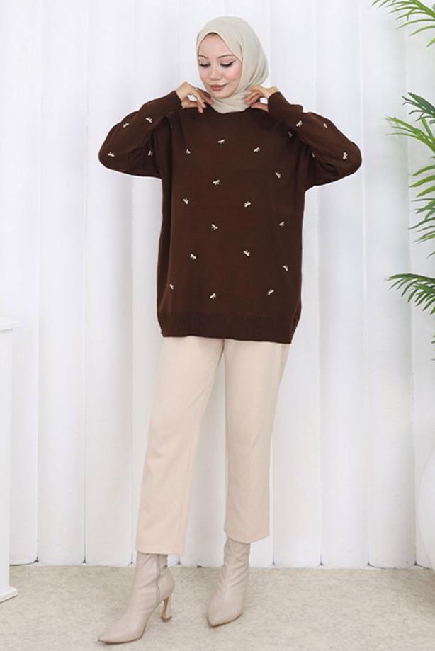 Tesettür giyim KAHVE FİYONK DESENLİ TRİKO KAZAK T 1523 - TRENDTESETTÜR
