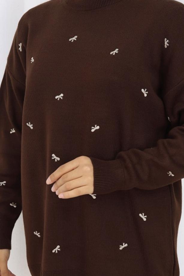 Tesettür giyim KAHVE FİYONK DESENLİ TRİKO KAZAK T 1523 - TRENDTESETTÜR