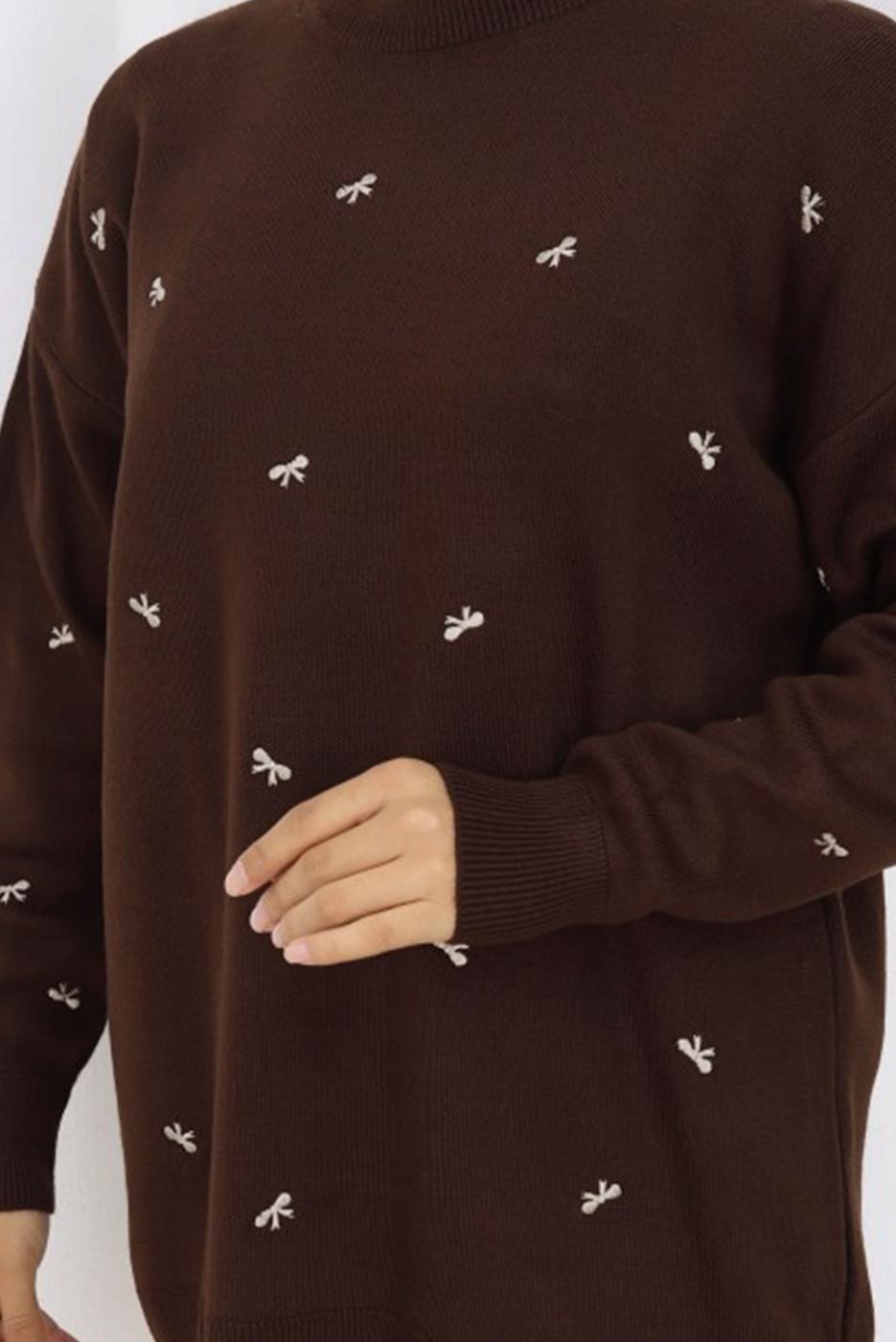 Tesettür giyim KAHVE FİYONK DESENLİ TRİKO KAZAK T 1523