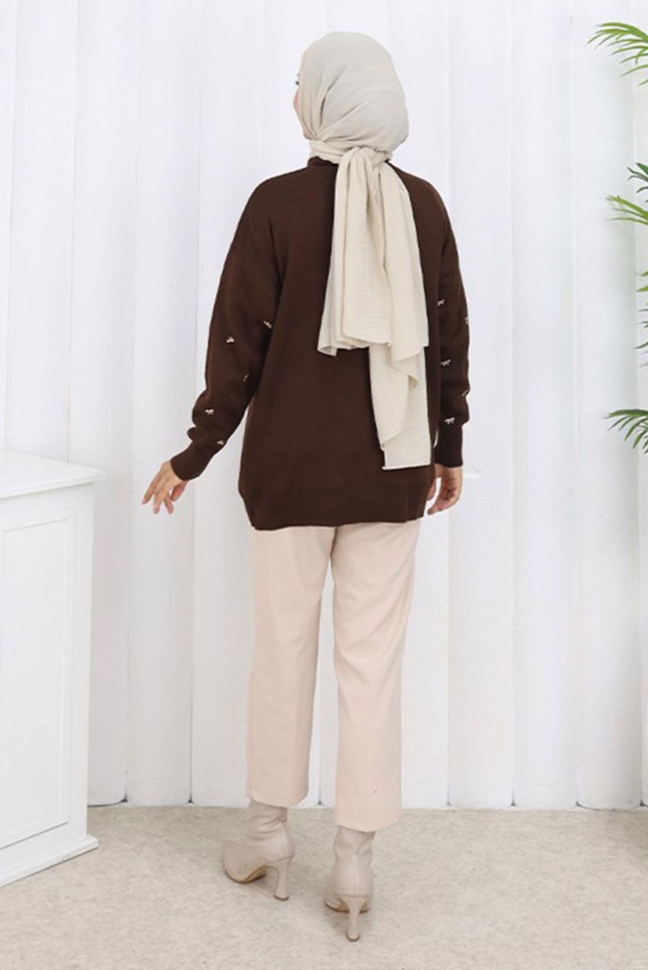 Tesettür giyim KAHVE FİYONK DESENLİ TRİKO KAZAK T 1523