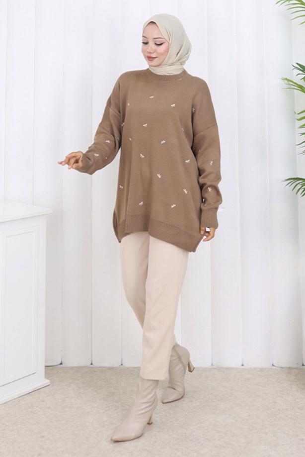 Tesettür giyim VİZON FİYONK DESENLİ TRİKO KAZAK T 1523 - TRENDTESETTÜR