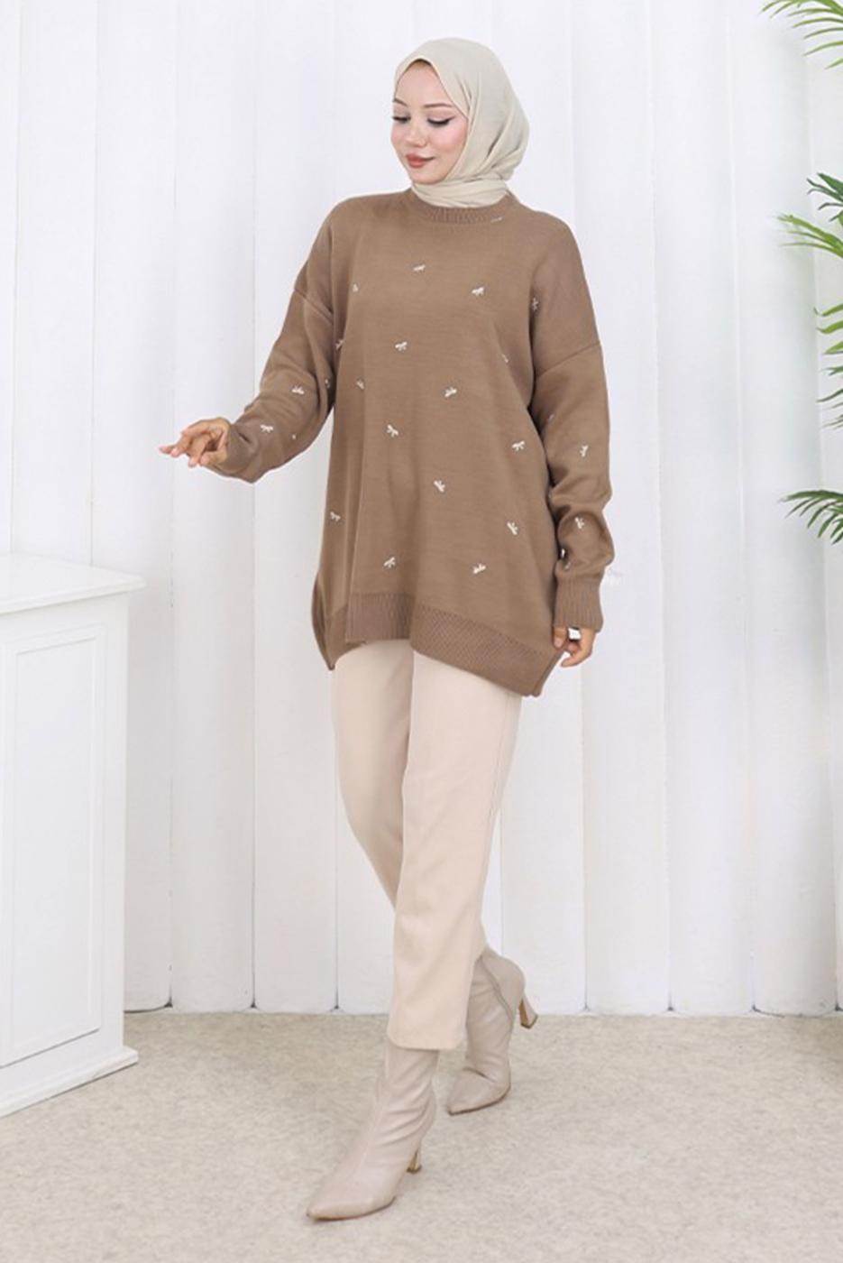 Tesettür giyim VİZON FİYONK DESENLİ TRİKO KAZAK T 1523