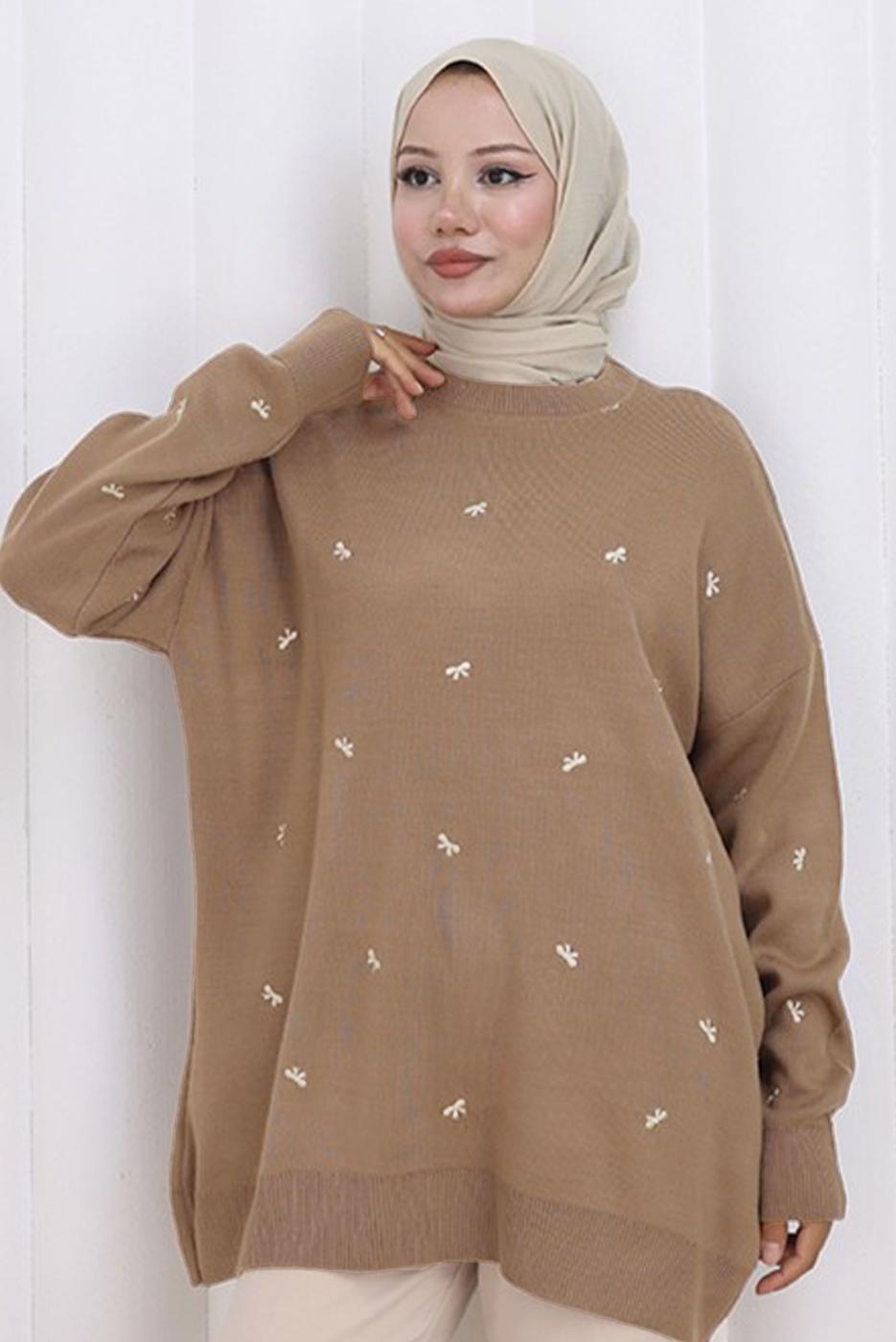 Tesettür giyim VİZON FİYONK DESENLİ TRİKO KAZAK T 1523