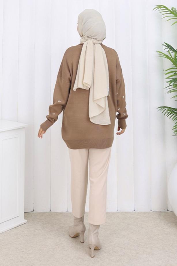 Tesettür giyim VİZON FİYONK DESENLİ TRİKO KAZAK T 1523 - TRENDTESETTÜR