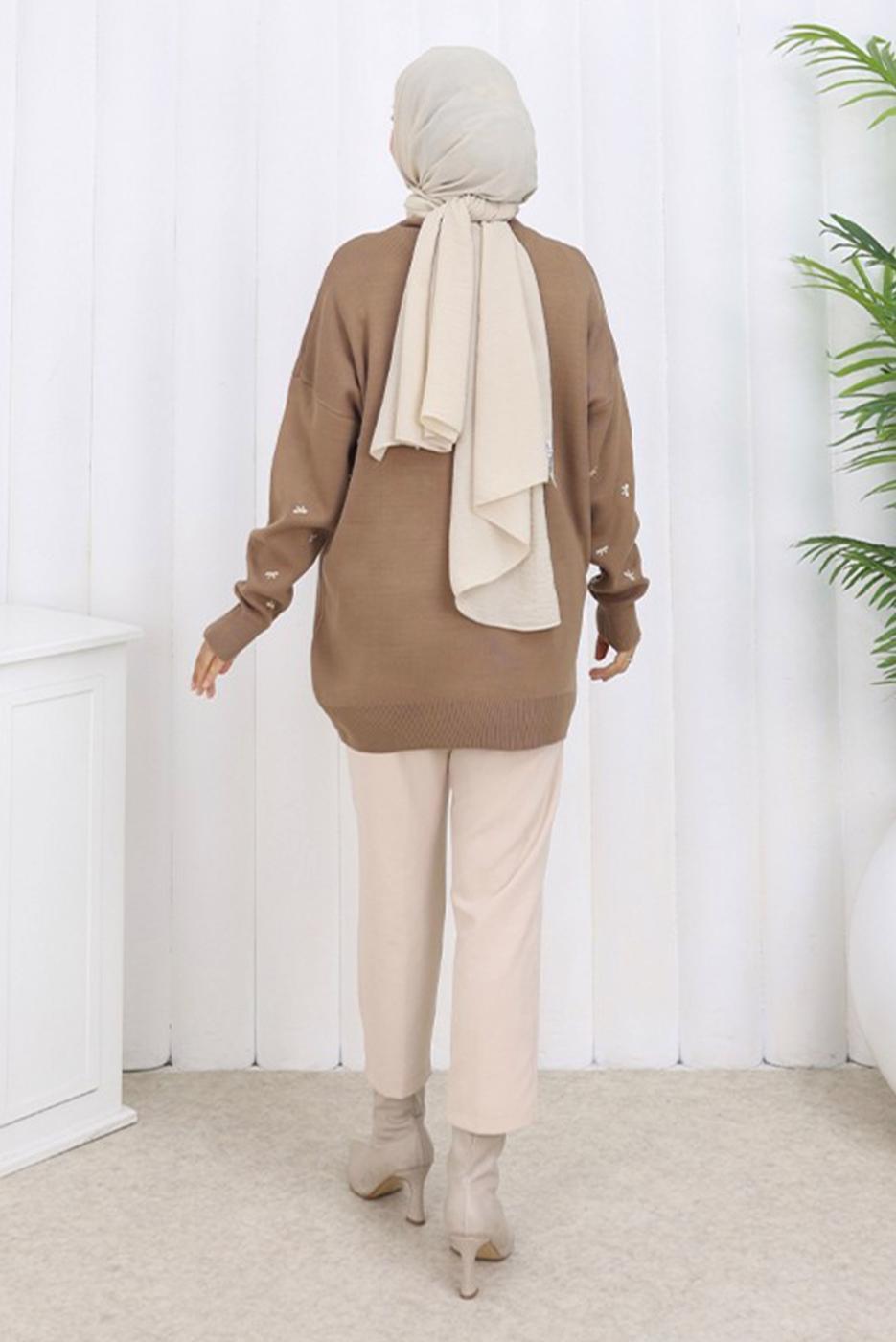 Tesettür giyim VİZON FİYONK DESENLİ TRİKO KAZAK T 1523