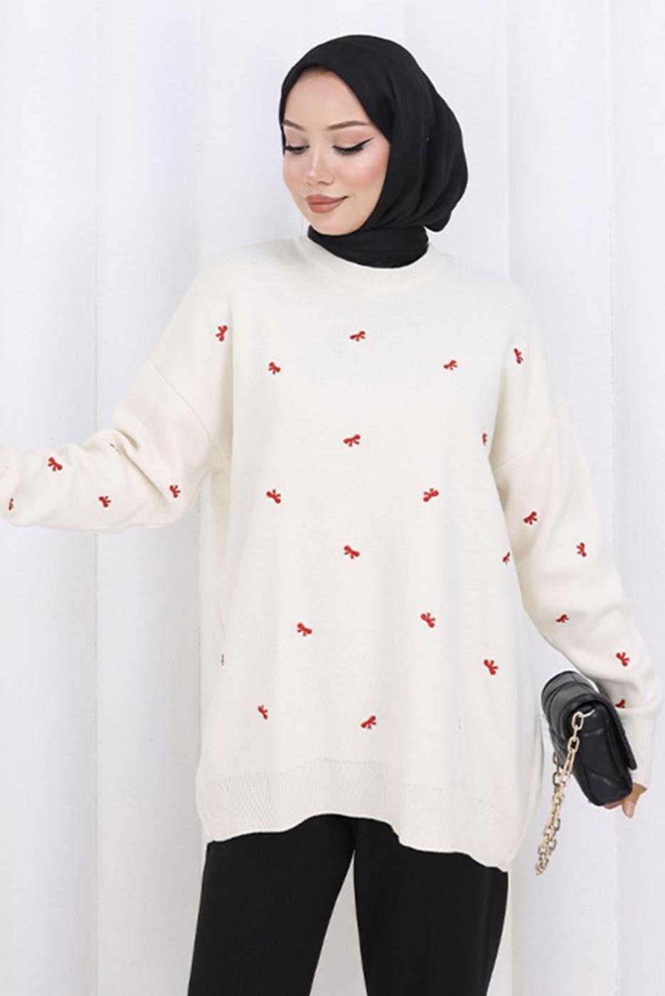 Tesettür giyim BEJ FİYONK DESENLİ TRİKO KAZAK T 1523