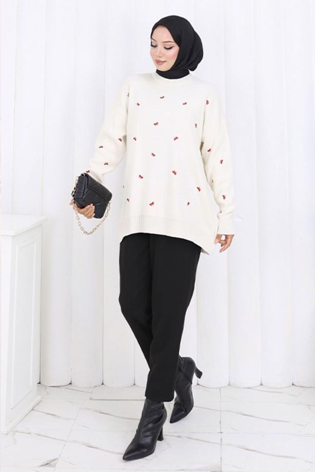 Tesettür giyim BEJ FİYONK DESENLİ TRİKO KAZAK T 1523 - TRENDTESETTÜR