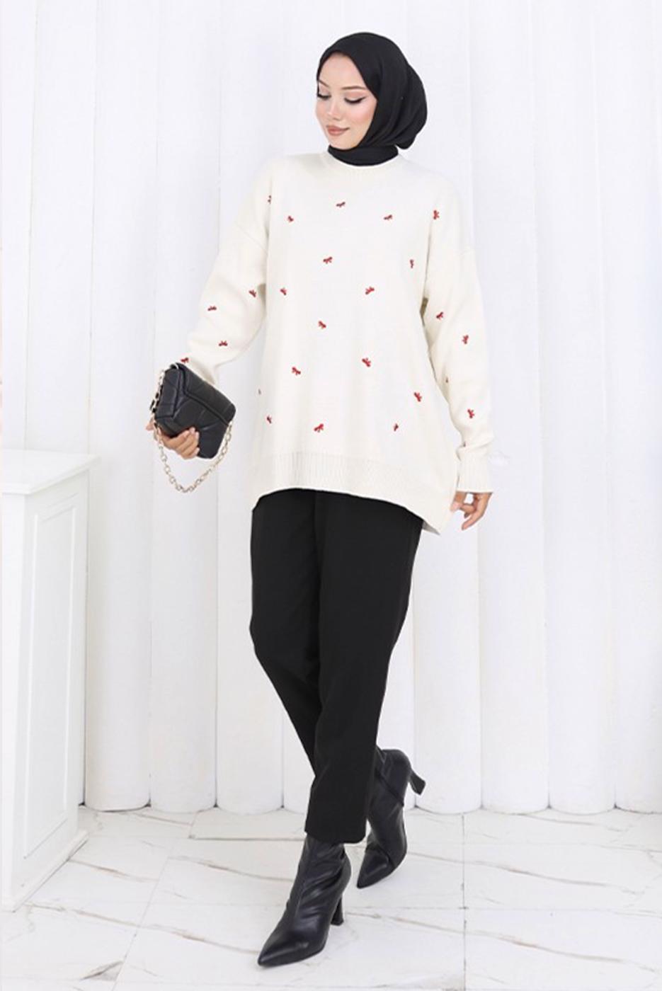 Tesettür giyim BEJ FİYONK DESENLİ TRİKO KAZAK T 1523