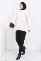 Tesettür giyim BEJ FİYONK DESENLİ TRİKO KAZAK T 1523