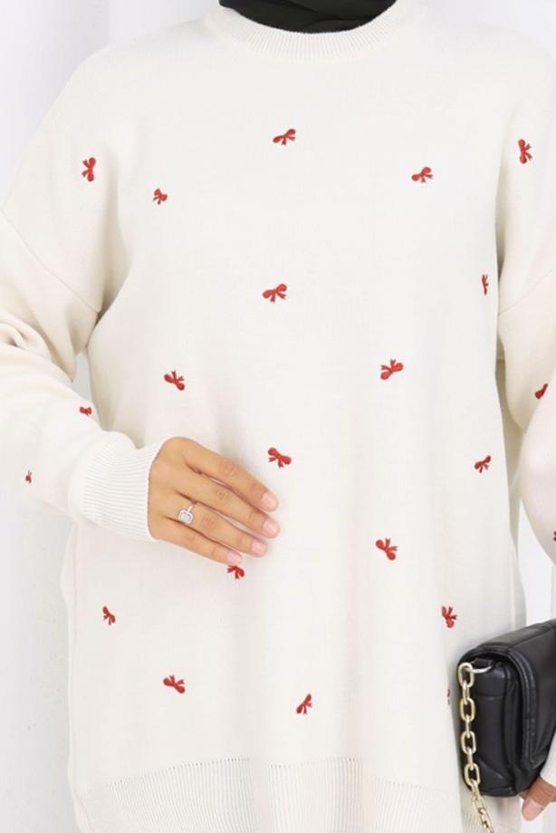 Tesettür giyim BEJ FİYONK DESENLİ TRİKO KAZAK T 1523 - TRENDTESETTÜR