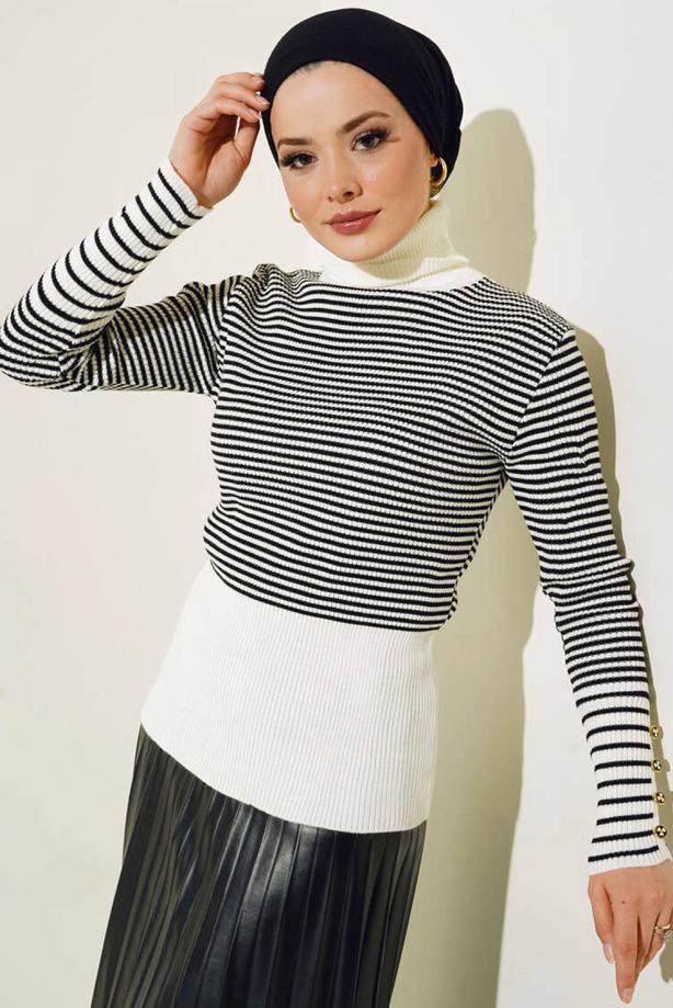 Vêtements hijab CRÈME PULL EN MAILLE RAYÉE T 3304 - TRENDTESETTÜR