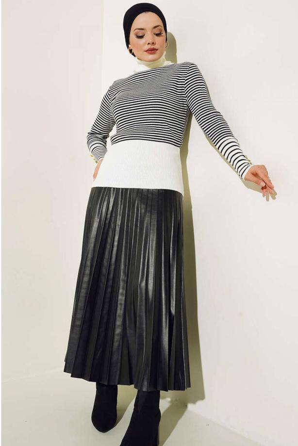 Vêtements hijab CRÈME PULL EN MAILLE RAYÉE T 3304 - TRENDTESETTÜR