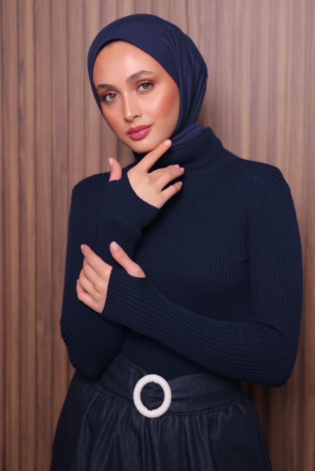 Vêtements hijab BLEU MARINE PULL EN MAILLE À COL ROULÉ T 3507 - TRENDTESETTÜR