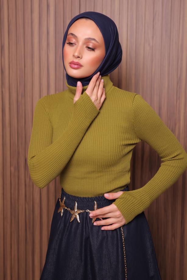 Vêtements hijab VERT PULL EN MAILLE À COL ROULÉ T 3507 - TRENDTESETTÜR