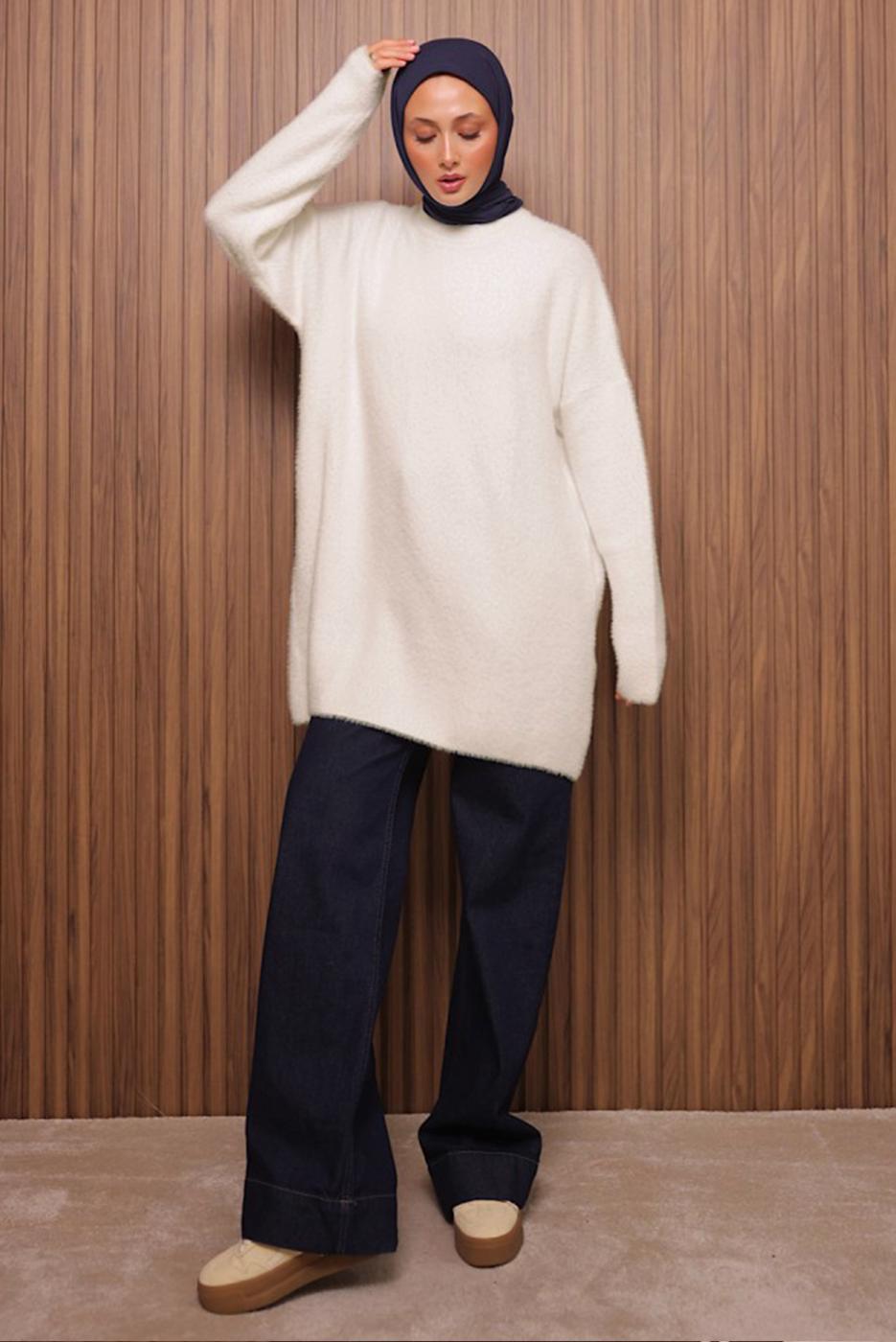 Tesettür giyim EKRU SAKAL İPLİK TUNİK T 5770