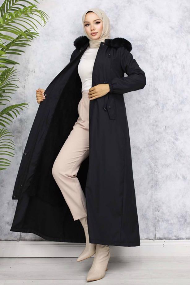 Tesettür giyim SİYAH KAPÜŞONLU MANTO T 0501 - TRENDTESETTÜR