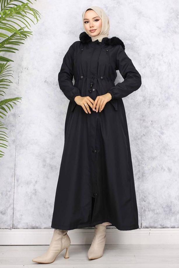 Tesettür giyim SİYAH KAPÜŞONLU MANTO T 0501 - TRENDTESETTÜR
