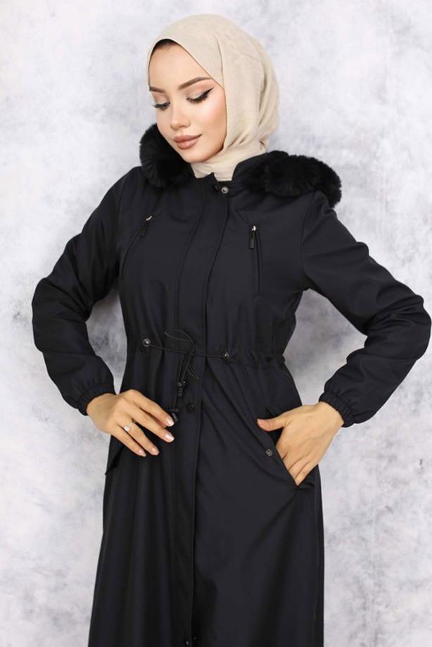 Tesettür giyim SİYAH KAPÜŞONLU MANTO T 0501 - TRENDTESETTÜR