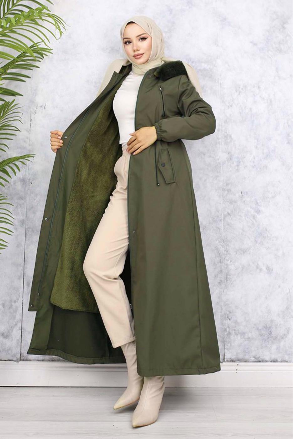Tesettür giyim HAKİ KAPÜŞONLU MANTO T 0501