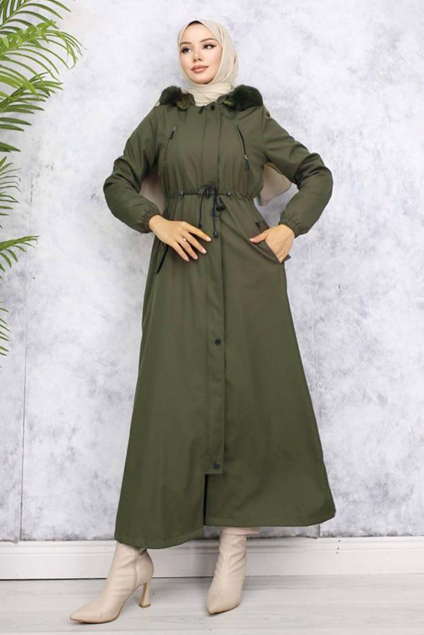 Tesettür giyim HAKİ KAPÜŞONLU MANTO T 0501 - TRENDTESETTÜR