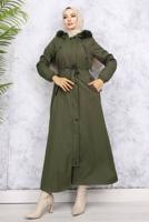 Tesettür giyim HAKİ KAPÜŞONLU MANTO T 0501