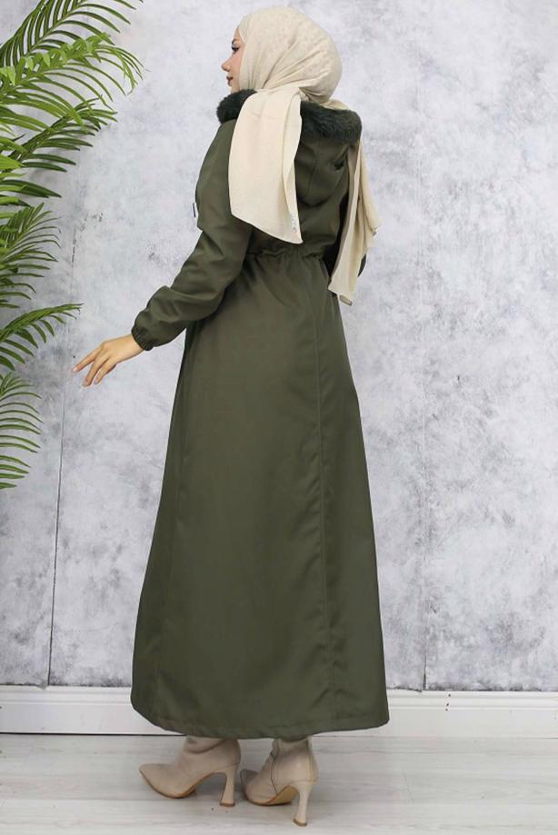 Tesettür giyim HAKİ KAPÜŞONLU MANTO T 0501 - TRENDTESETTÜR