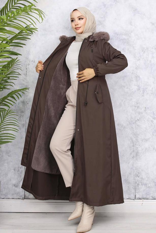 Tesettür giyim KAHVE KAPÜŞONLU MANTO T 0501 - TRENDTESETTÜR