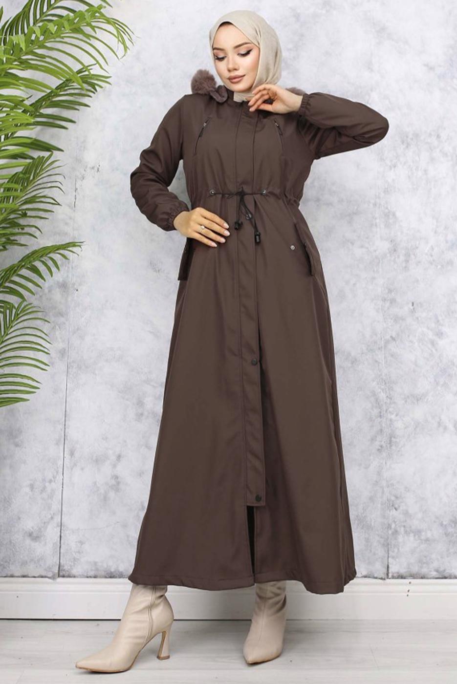Tesettür giyim KAHVE KAPÜŞONLU MANTO T 0501