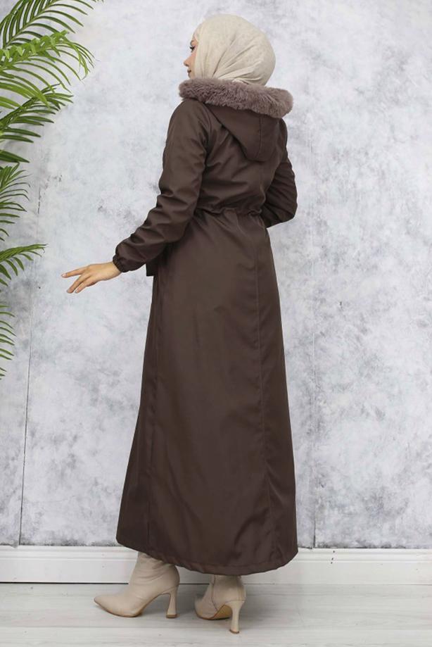 Tesettür giyim KAHVE KAPÜŞONLU MANTO T 0501 - TRENDTESETTÜR