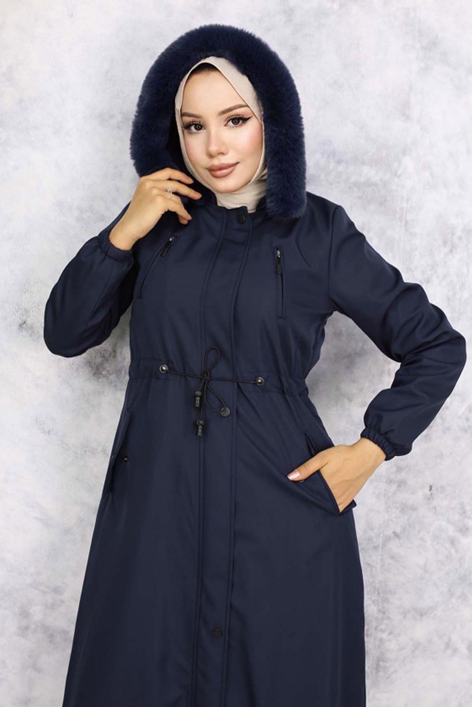 Tesettür giyim LACİVERT KAPÜŞONLU MANTO T 0501