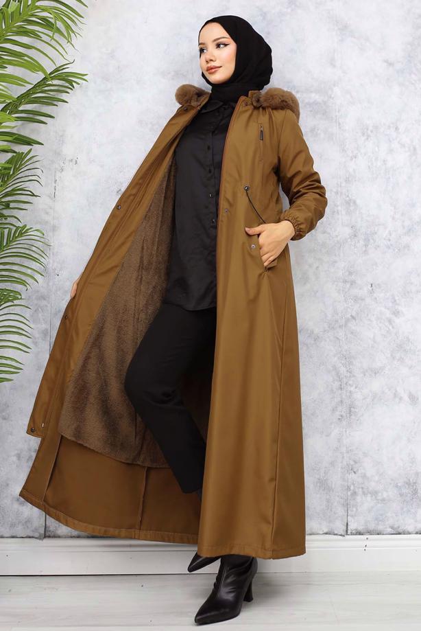 Tesettür giyim TABA KAPÜŞONLU MANTO T 0501 - TRENDTESETTÜR