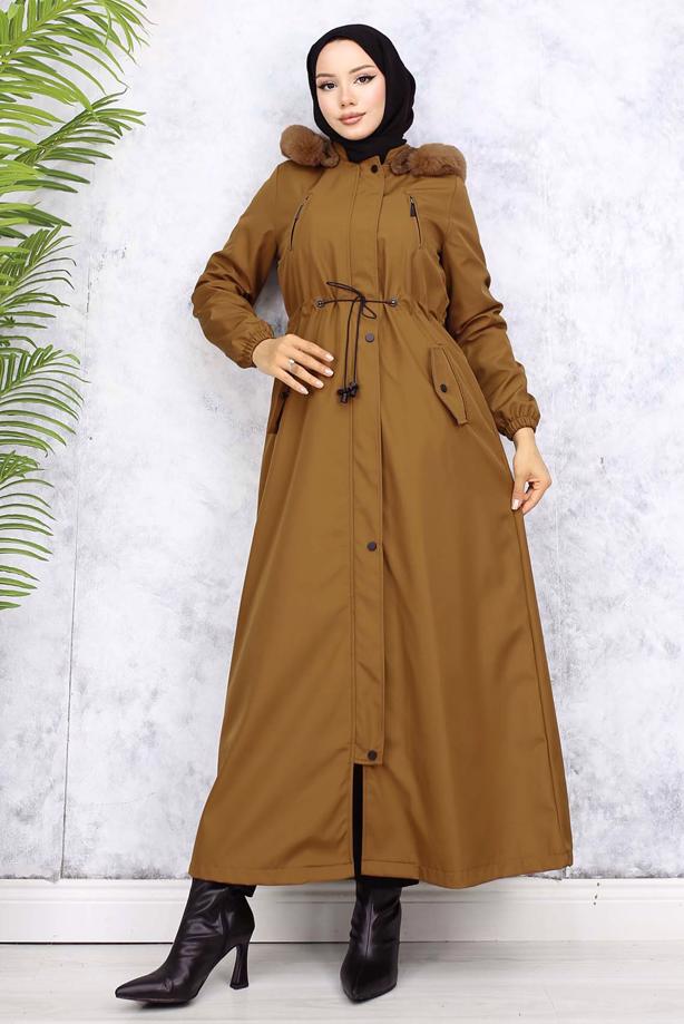 Tesettür giyim TABA KAPÜŞONLU MANTO T 0501 - TRENDTESETTÜR