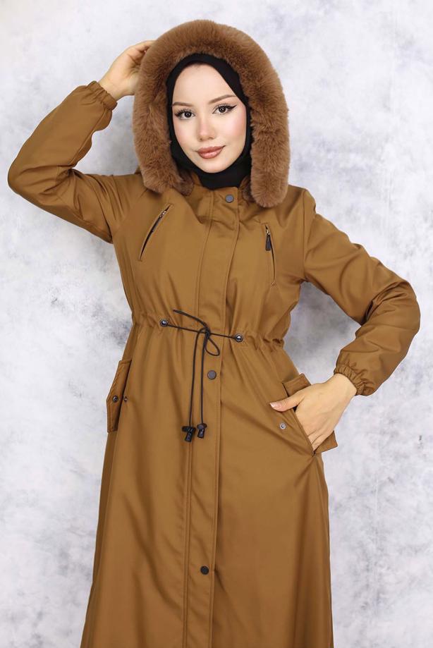 Tesettür giyim TABA KAPÜŞONLU MANTO T 0501 - TRENDTESETTÜR