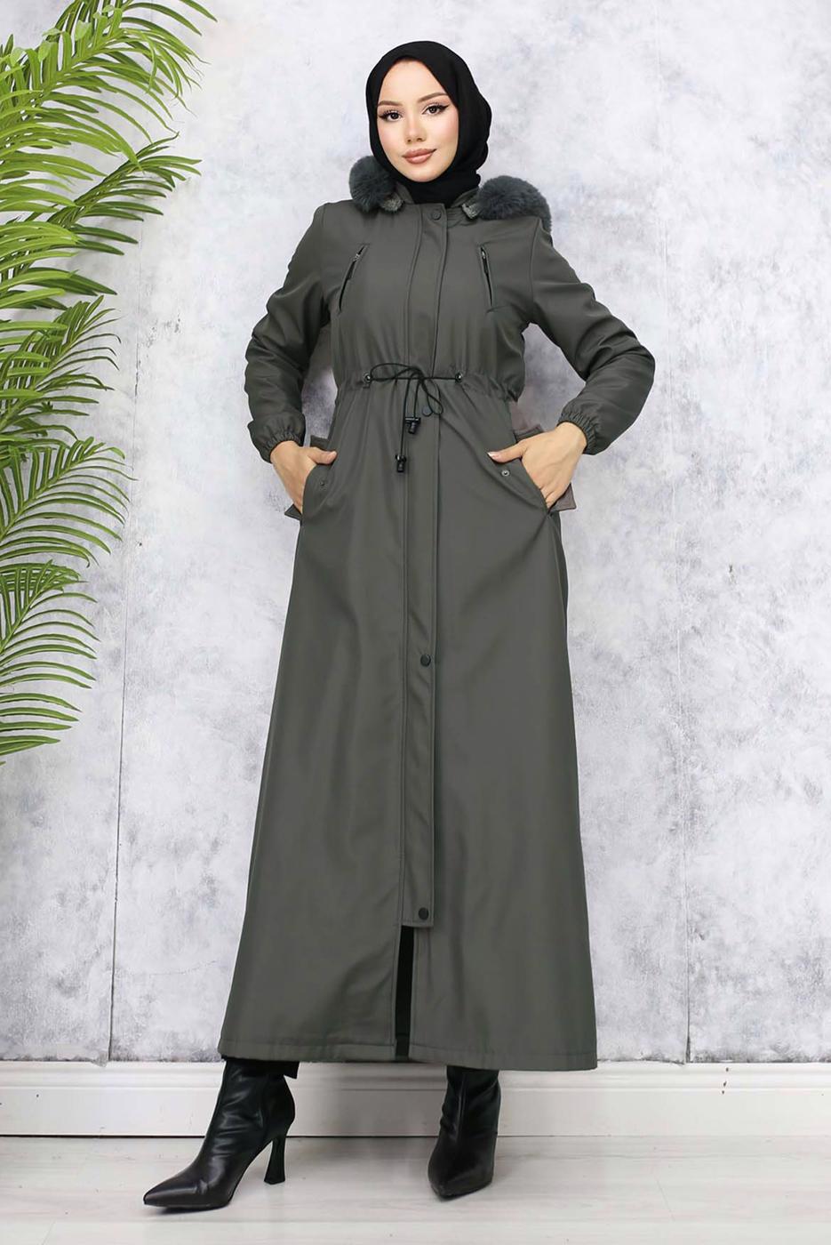 Tesettür giyim GRİ KAPÜŞONLU MANTO T 0501