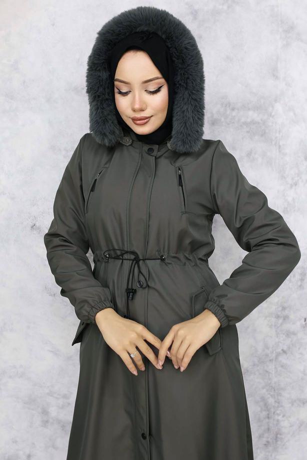 Tesettür giyim GRİ KAPÜŞONLU MANTO T 0501 - TRENDTESETTÜR
