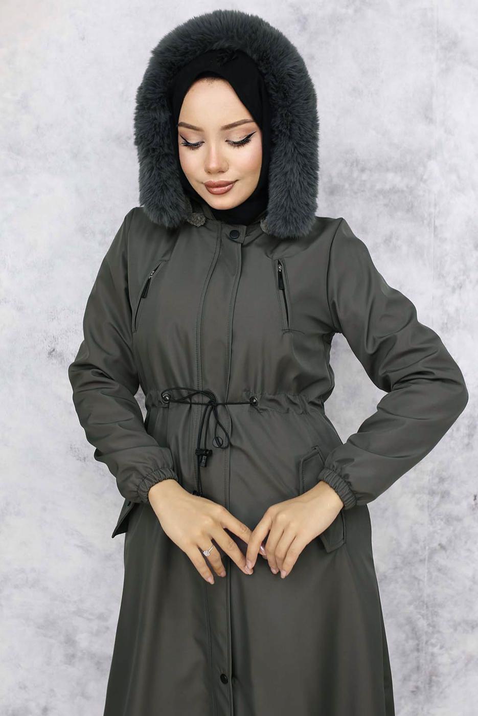 Tesettür giyim GRİ KAPÜŞONLU MANTO T 0501